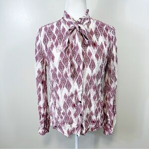 RINKU •Anthro• Fuchsia Print Tie Neck Long Sleeve Button Down Blouse - SMALL